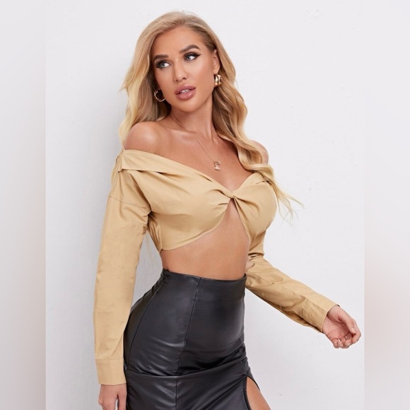Beige Bardot Twist Front Crop Blouse - Picture 1 of 5